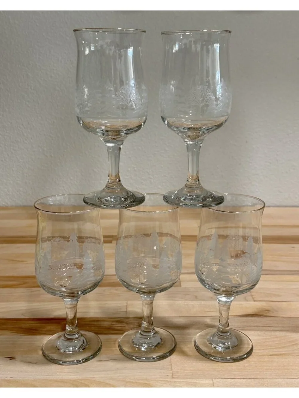 Libbey Christmas White Frosted Pine Trees Goblets Glass Arby's SET OF 5 VINTAGE